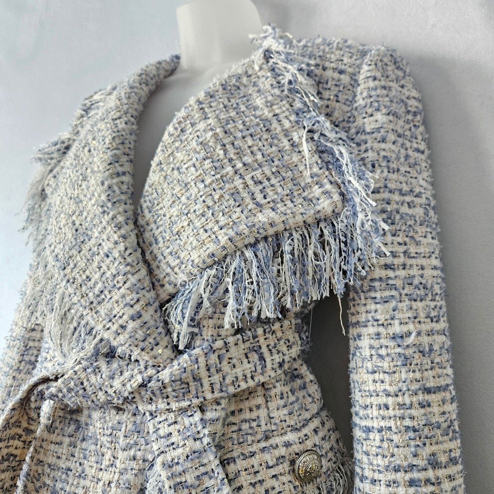 Balmain Tweed Jacket Womens M Blue Fringed Sequin Glam Designer Belt Luxury Boho - Picture 12 of 16